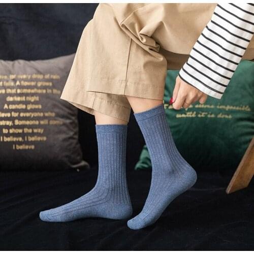 Women Cotton Double-needle Thick Medium Stockings Japanese Korea High Tube Tide Solid Color Vertical Stripes Socks Wholesale