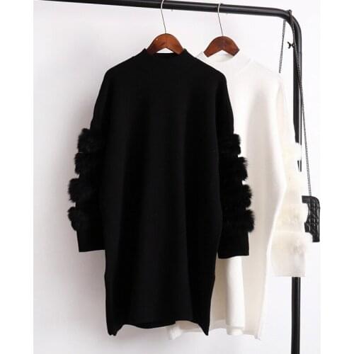 2019 Real Rabbit Fur Designer Christmas Sweater Pink Fur Sleeve long Sweater Women Winter Warm long-sleeve Jumpers pull femme