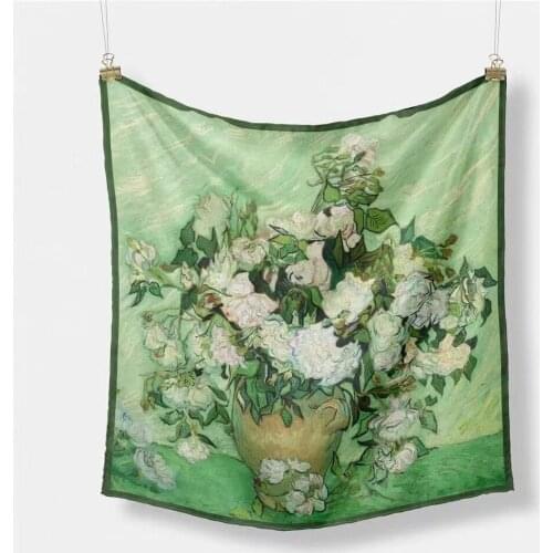 53CM New Fashion Oil Painting Square Scarves Ladies Print Soft Shawls Wraps Twill Silk Girls Hair Tie Bandanna Hijab Accessories