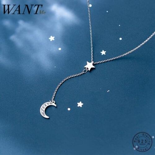 WANTME High Quality Fashion Real 925 Sterling Silver Stars Moon Y Long Chain Necklace for Women Wedding Anniversary Jewelry Gift