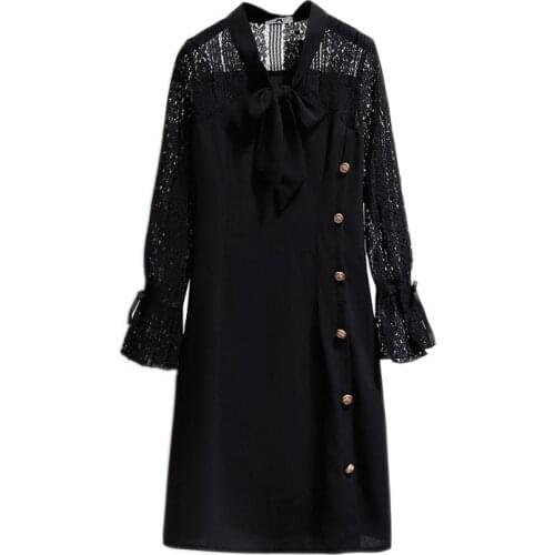 2020 Real shot Oversize Women Spring Lace Splice Long sleeve Dress Fashion Female Bow Loose Black Plus size XXL-6XL Dresses G865