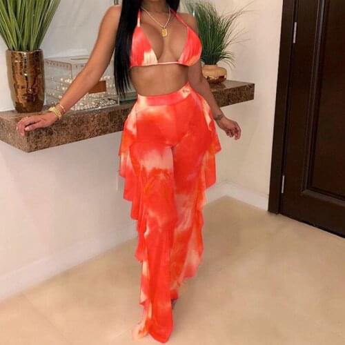 2021 Mesh Sheer Beach Two Piece Set With Panties Women Sexy Bra Crop Top And Pant Swimwear 2 Piece Club Outfits Matching Sets