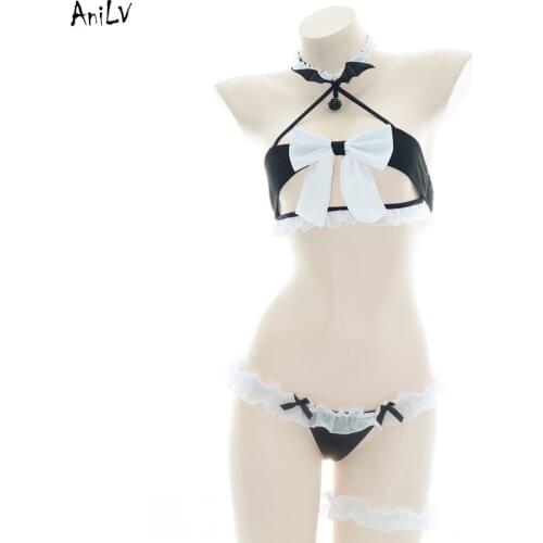 AniLV Anime Comics Girl Maid Halter Swimsuit Costume Bat Bell Ruffle Bow Bikini Swimwear Uniform Set Pool Party Cosplay