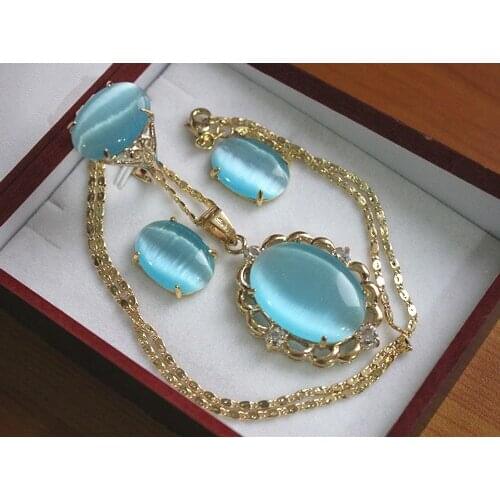 Free shipping Hot sell ~~ Wholesale noble 13*18mm sky blue opal ring(#6,7,8,9) earrings &pendant fashion jewelry set