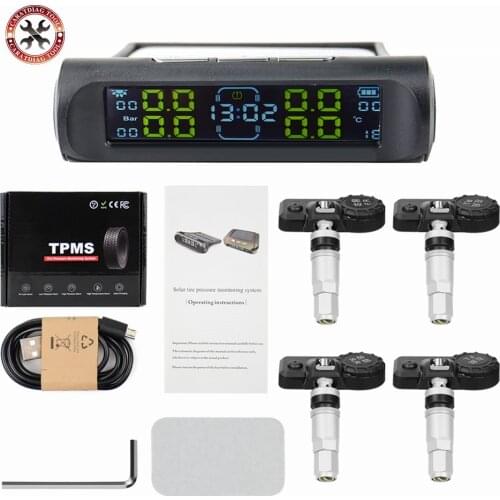TPMS Wireless Tire Pressure Monitoring System Solar Power Clock LCD Display 4 External/Internal Sensor Tire Pressure Sensors
