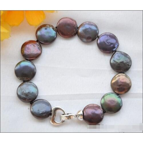 Z5576 LUSTER 8" 14mm black coin freshwater pearl bracelet >free shipping