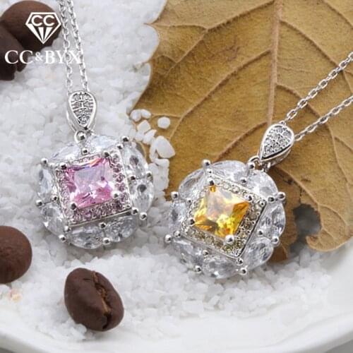 CC 925 Silver Pendants For Necklaces Women Pink/Yellow Cubic Zirconia Square Stone Luxury Wedding Bridal Bijoux No Chain CCN251