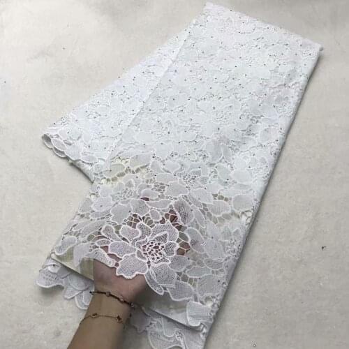 Pure white African Cord Guipure Lace Fabric Latest High Quality flowers Water Soluble Cord Lace With Stone Fabric For Wedding