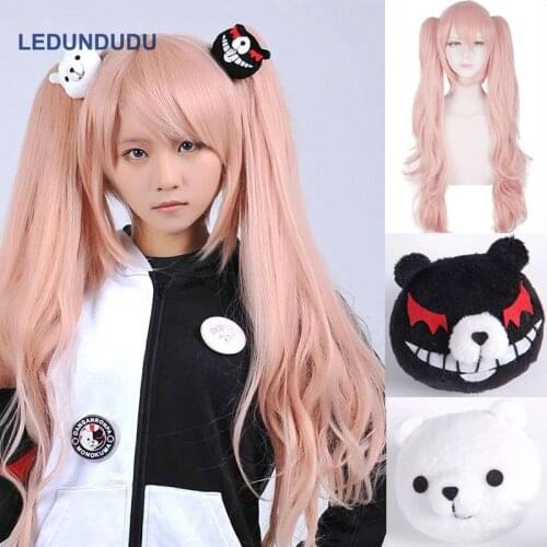 DanganRonpa Cosplay Wig Enoshima Junko Woman Ponytail Wigs Halloween Anime Heat Resistant Hair +Mono Kuma Bear Hair Clip