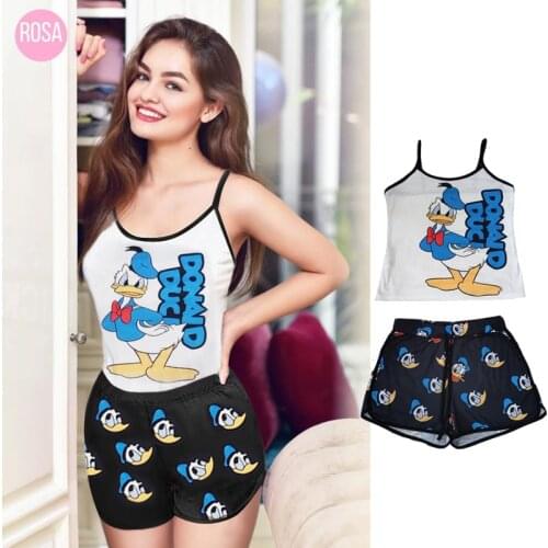Disney Cartoon Mickey Mouse Donald Duck Printed Tank Top Shorts Ladies Suit Sexy Sling Fashion Tight Women 2021 New