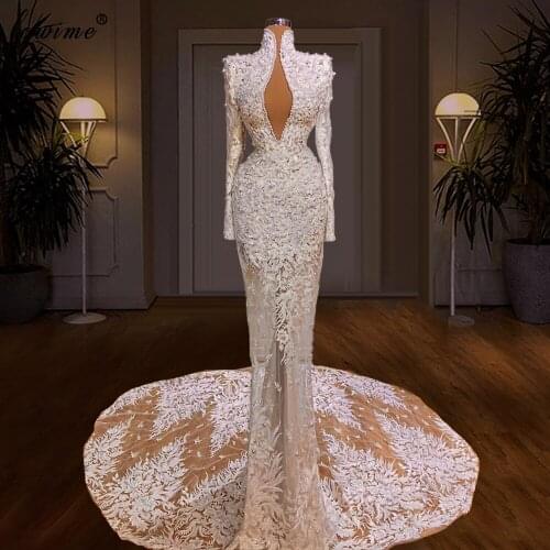 Elegant White Evening Dresses Mermaid Pearls Formal Evening Gowns Long Sleeves Lace Pageant Dresses For Women Abendkleider