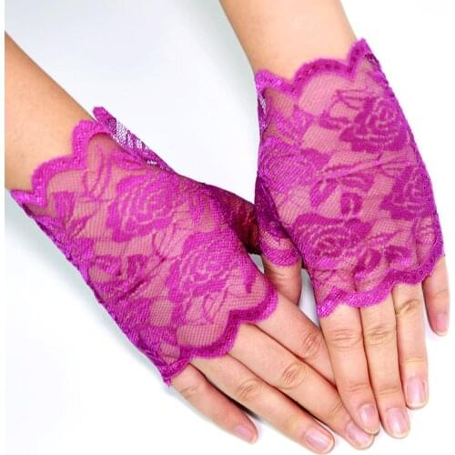 Purple Womens Short Lace Gloves Fingerless for Driving Wedding Wrist Length Bridal Prom Gloves Half-Finger Bridal Gloves ST254