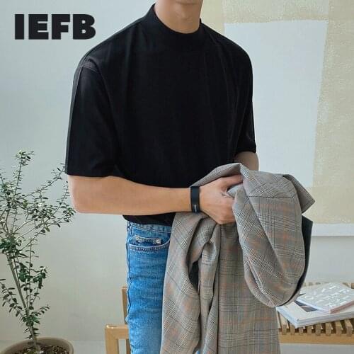 IEFB Mens T-shirt Short Sleeve 2021 Summer New Korean Trend Solid Black Small High Collar Casual Tee Tops For Male Tide 9Y7687