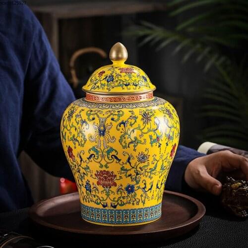 Creative Painted Flower Ceramic Large-capacity Sealed Storage Jar with Lid Tea Caddy Art Flower Vase Countertop Porch Decoration