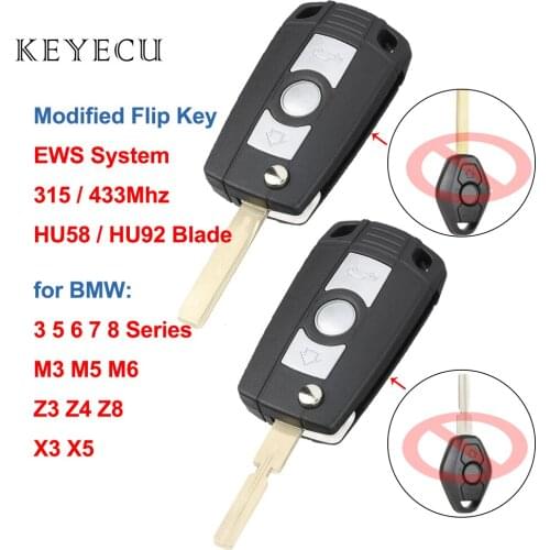 Keyecu EWS Modified Flip Remote Car Key Fob 3 Buttons 315MHz/433MHz for BMW E81 E46 E39 E63 E38 HU92/HU58 Blade