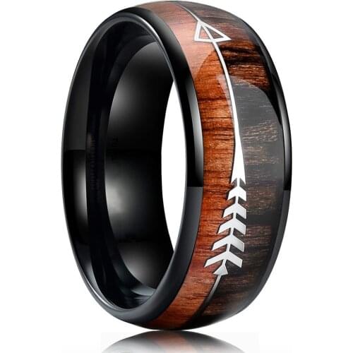 Fashion 8mm Mens Black Stainless Steel Ring Rainbow Abalone Shell And Koa Wood Inlay Deer Antler Arrow Ring Men Wedding Band