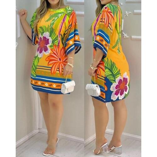 Summer Dress Women Elegant Dress Tropical Print Half Sleeve Casual Dress