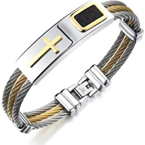 Casual Full Steel Man Bangles Fashion Three Layers Stainless Steel Cross Design Men Jewelry Gift Charm Accessories GH785