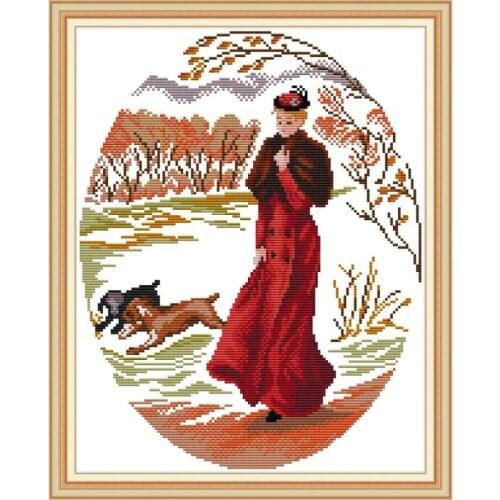 Joy Sunday Cross Stitch Stamped Kits Lady In Red Portrait Paintings11&14CTDIY Needlework Kit Cross Stitch Set for Embroidery Kit
