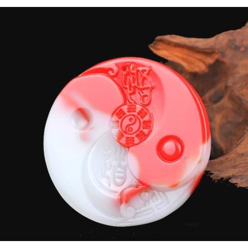 Natural Red White Jade Stone Tai Chi Gossip Pendant Necklace Chinese Hand-Carved Charm Jadeite Jewelry Amulet for Men Women Gift