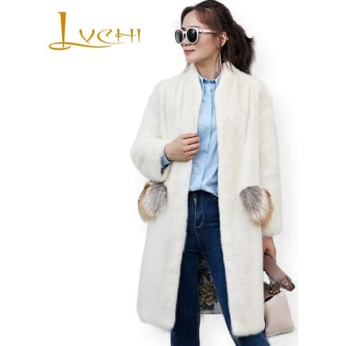 LVCHI Winter 2019 With Fox Fur Pocket Mink Coat Real Mink Fur Coat Natural Fur Causal Womens Mandarin Collar X-Long Mink Coat
