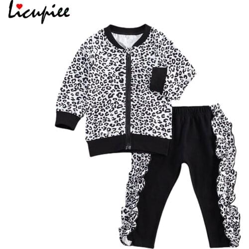 Baby Leopard Print Casual Suit, Jacket + Trousers, Ruffle Elastic Waist Smooth Zipper Closure Spring Clothing 2-5 Years