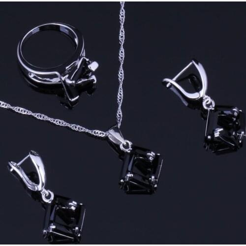 Silky Quadrilateral Black Cubic Zirconia Silver Plated Jewelry Sets Earrings Pendant Chain Ring V0974
