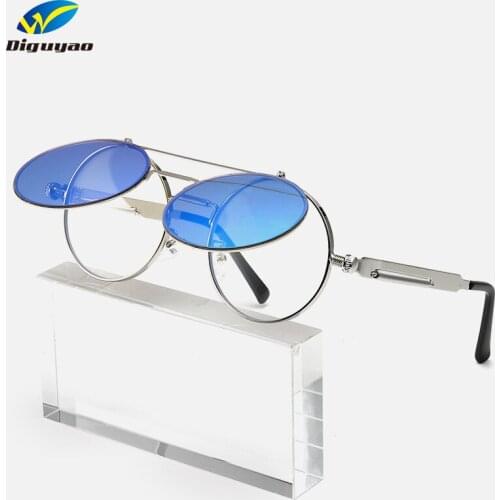 DIGUYAO Oculos de sol feminino 2020 Women Flip glasses Retro Round Steampunk Metal Springs Sunglasses men uv400 high quality