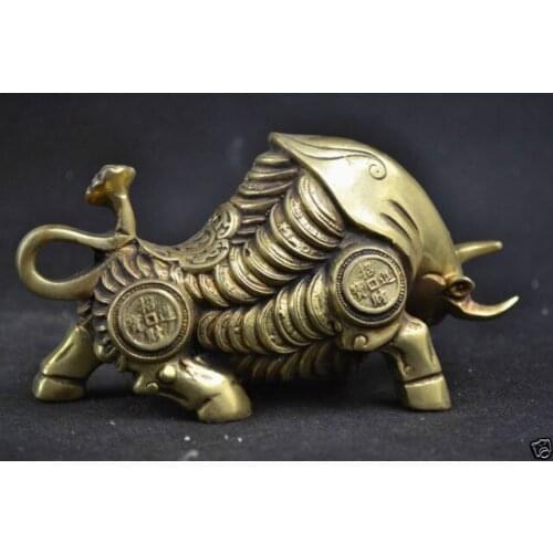 Old China Decorated Copper Carving Whole Body C0in Rare Wealth Bullfight Statue