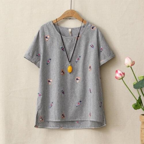 Fresh Cute Candy Heart Embroidery Tee Shirt Women Summer Tops Breathable Cotton Linen Stripe T-Shirts Female Loose Casual Cloth
