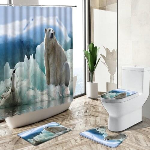 Polar Bear Penguin Animal Shower Curtain Iceberg Ocean Natural Scenery Home Decor Bath Mat Toilet Lid Cover Bathroom Carpet Set
