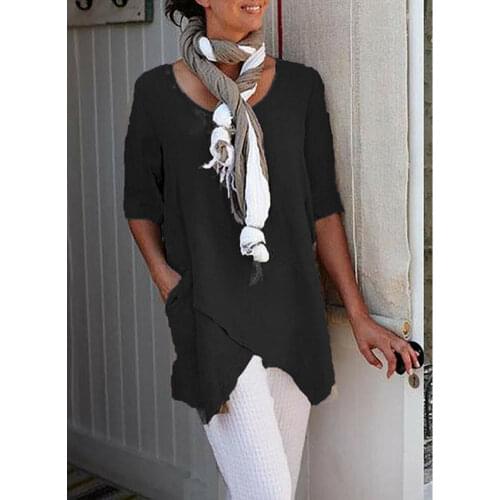 Ladies Summer Short Sleeve Blouse Women New Cotton Linen Blouse Solid Asymmetrical Ladies Casual Crew Neck Short Sleeve Tops