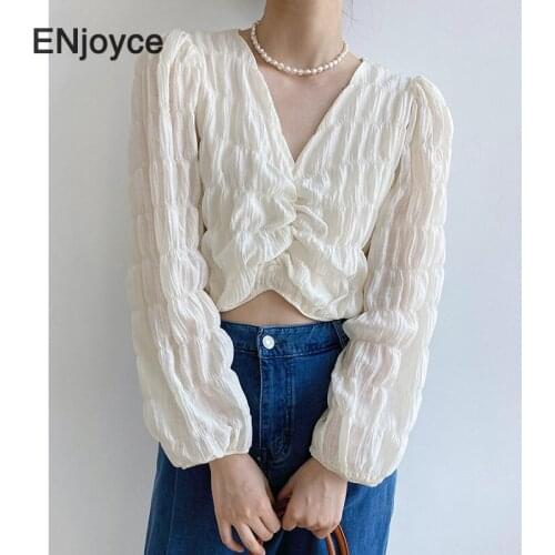 Women Puff Long Sleeve Pleated Shirt Pullovers Summer Korean Style Vintage V-Neck Ladies Elegant Blouse Streetwear Cropped Tops
