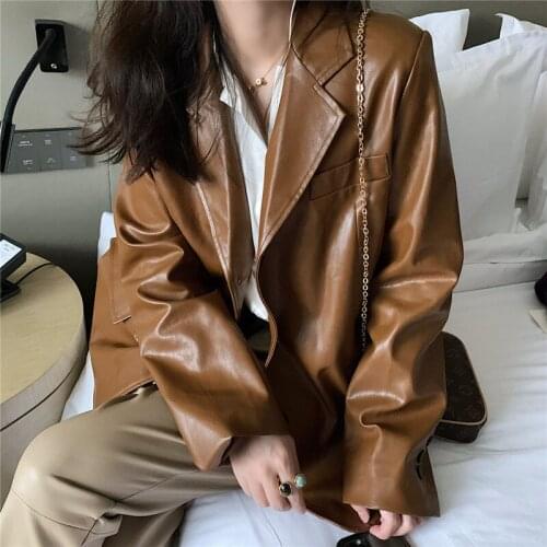 Vintage Coffee color Faux PU Leather Blazer Women Motorcycle jacket Streetwear Fashion Loose Long sleeve Autumn Casual Suit Coat