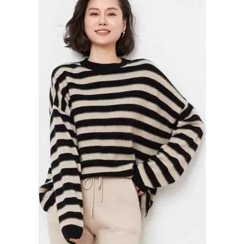100% Pure Wool Cashmere Sweater Woman O-Neck Pullover Casual Knitted Striped Top Korean Version Oversized Jacket Autumn /Winter