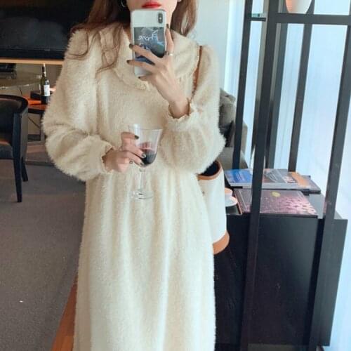 2021 New Women Spring Elegant Beige Long Feather Dress High Waist A-line Midi Bling Dresses Peter Pan Collar Full Sleeve