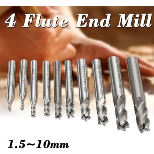 10PCS 2-10MM High Speed Steel HSS 4 Flute Straight Shank Bits Square Nose End Mill Cutter Tools