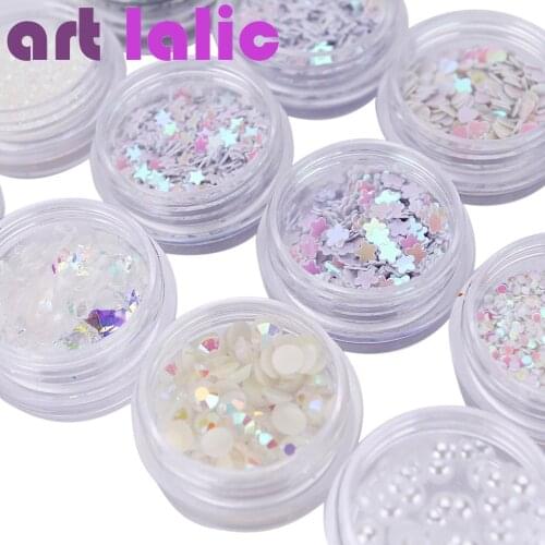 Artlalic 12 Pots White 3D Nail Art Sequins Glitter Shapes Foil Pearl Gems Beads Decoration Tools DIY Tips Design