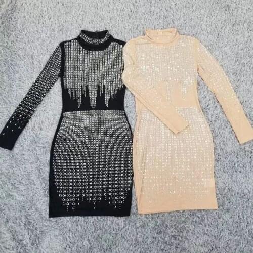 2021 Women Mini Sexy Beads Black Khaki Long Sleeve Bodycon Stretch Fashion Evening Party Chic Vestidos