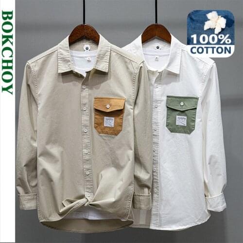 2021 Spring New Men Patch Pocket Retro Shirt Cotton Vintage Long Sleeve Button Up Casual 1233