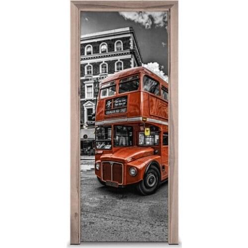 3D Door Sticker European Red Bus Wall Sticker DIY Door Cover Kitchen Home Decoration Accessories Modern 3d Wall Stickers