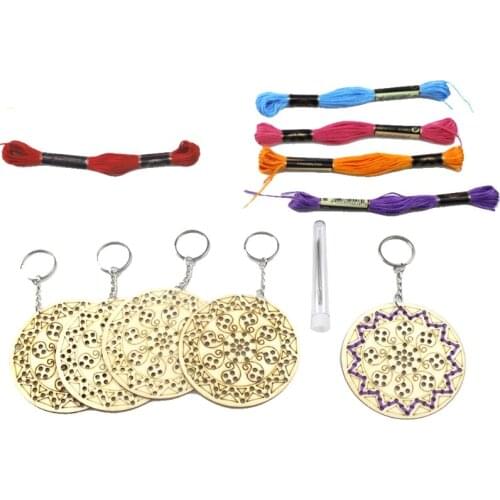 5pcs Round Wooden Cross Stitch Embroidery Keychain Ring w/ Thread DIY Craft Kit Q0KA