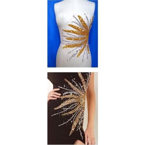 A161 hand made crystals trim patches sew on Rhinestones clear AB colour /golden applique 36*32cm for top dress skirt accessory