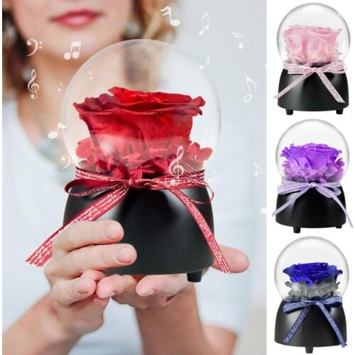 Automatic Rotating Preserved Rose Music Box Eternal Flower In Glass Dome Valentines Day Birthday Gifts for Wedding Anniversary