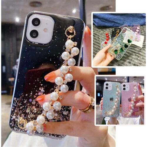 Glitter Pearl Bracelet Phone Case for Samsung galaxy A12 A52 A72 A51 A71 5G A70 A50 A30 A20 A10 A21S Fashion Shinning Back Cover