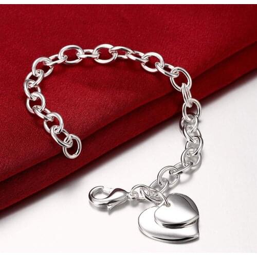 Popular brands 925 sterling silver double Heart card pendant chain Bracelet for woman Wedding party Christmas gifts jewelry