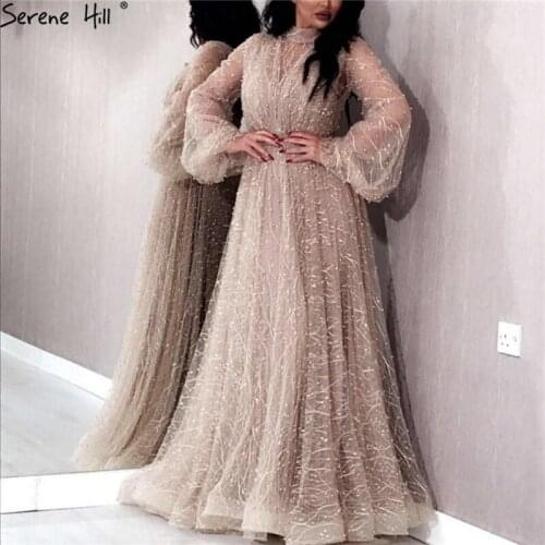 Champange High Collar Pearls A-Line Prom Dresses 2020 Dubai Long Sleeves Sexy Tulle Prom Gowns Serene Hill Plus Size BLA60835