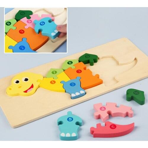 Wooden Dinosaur Giraffe Animal Number Puzzle Block Children Kids Educational Toy