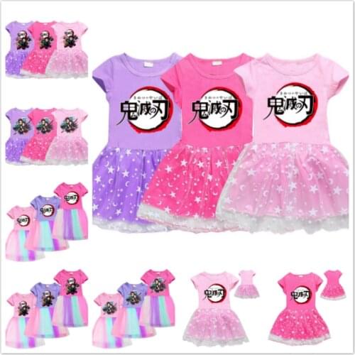 Summer Girls Dress Japanese Anime Kimetsu No Yaiba Demon Slayer Cotton Princess Dress Graphic Baby Children Lace Christmas Dress