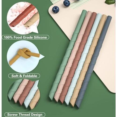 6Pcs Reusable Silicone Collapsible Drinking Straws Flexible Screw Thread Silicone Straws BPA Free Straw With 2 Cleaning Brushes